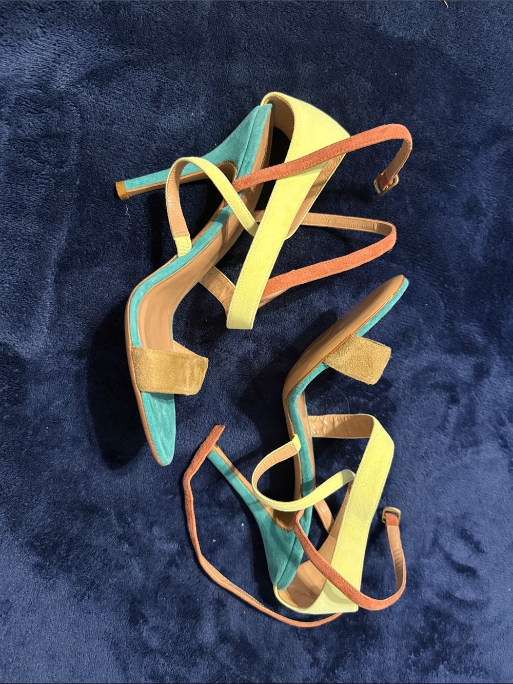 Jean-Michel Cazabat Women’s 7.5  Suede Strappy Heeled Sandals Teal-Yellow-Rust